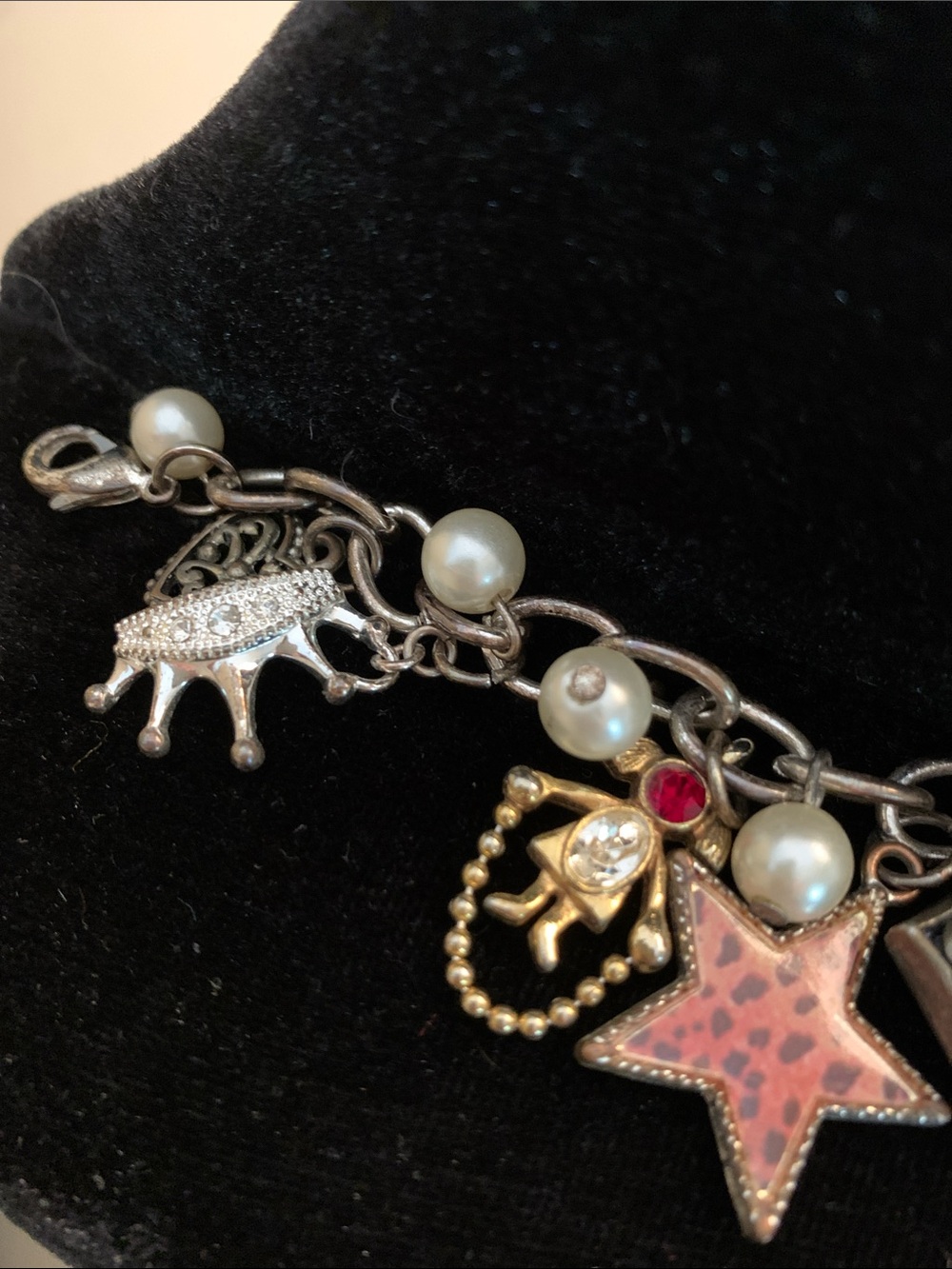 Hand Crafted Charmed Heart & Star Bracelet with Pearls - Red & Pink Accents - Picture 2 of 5